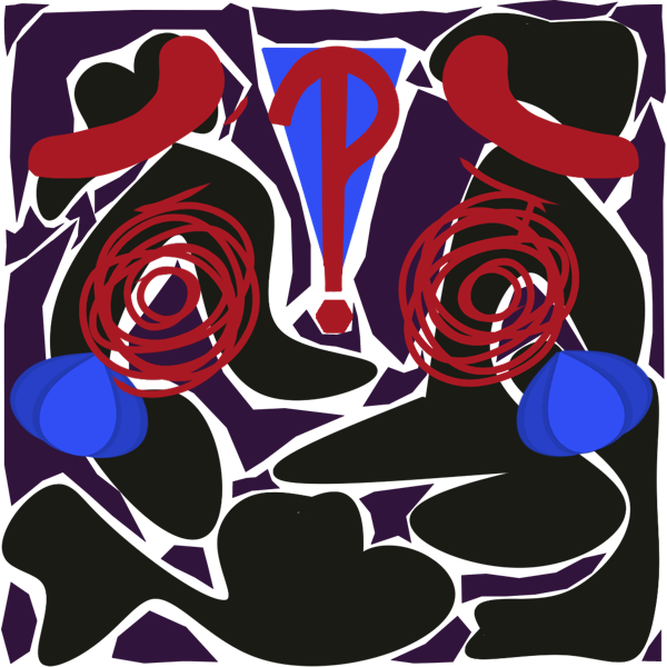 Scribbled and concerned eyes with eyebrows in red. Between the eyes is a red interrobang layered over a blue exclamation mark. The background is made of black blobs and purple jagged figures. Off the outer corners of each eye is a set of water droplets, angled to be tears.